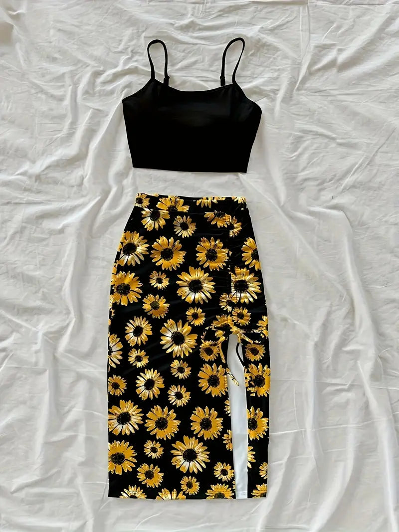 Women's Fashion Solid Color Crop Top and Printed Split Drawstring Midi Skirt Two-Piece Set