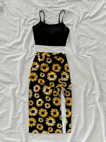 Women's Fashion Solid Color Crop Top and Printed Split Drawstring Midi Skirt Two-Piece Set