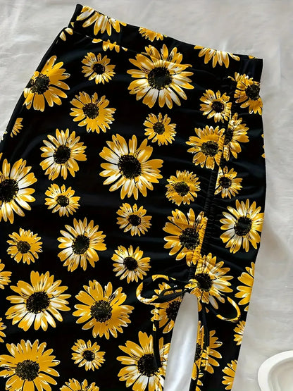 Women's Fashion Solid Color Crop Top and Printed Split Drawstring Midi Skirt Two-Piece Set