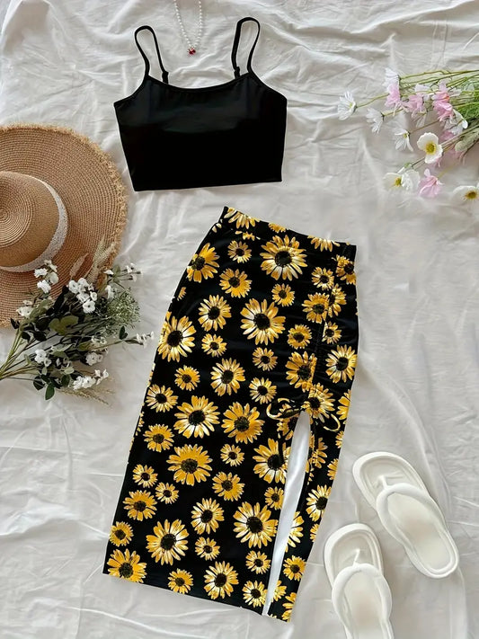 Women's Fashion Solid Color Crop Top and Printed Split Drawstring Midi Skirt Two-Piece Set