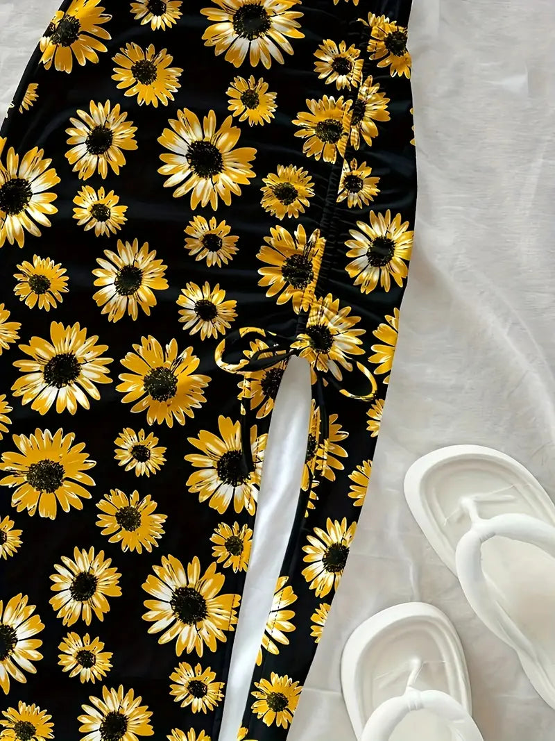 Women's Fashion Solid Color Crop Top and Printed Split Drawstring Midi Skirt Two-Piece Set