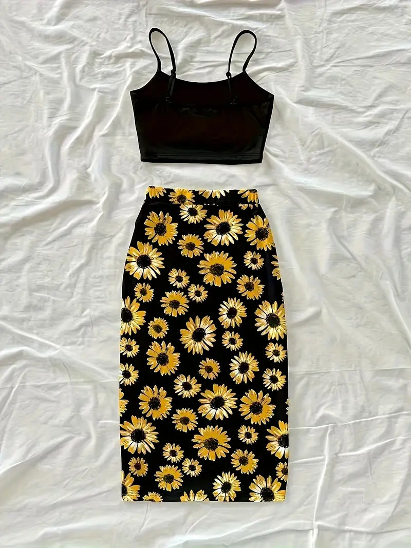 Women's Fashion Solid Color Crop Top and Printed Split Drawstring Midi Skirt Two-Piece Set